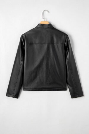Black Faux Leather Buttoned Front Boxy Jacket - Image 6