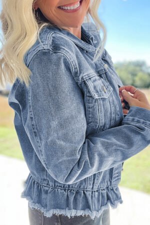 Beau Blue Ruffle Raw Hem Flap Pockets Denim Jacket - Image 2