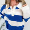 Blue Stripe Colorblock Polo Collar Eyelet Crochet Knitted Sweater