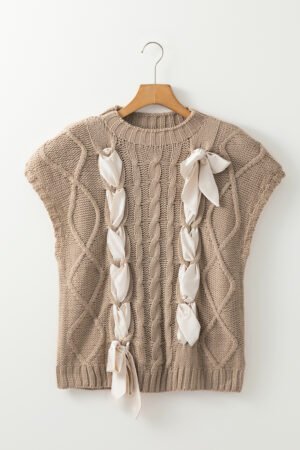 Simply Taupe Cable Knit Colorblock Satin Bowknot Short Sleeve Sweater - Image 4