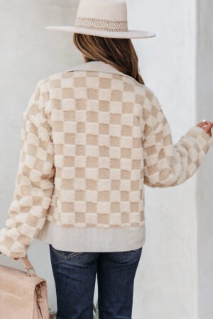 Khaki Checker Sherpa Corduroy Patchwork Zip up Collared Jacket - Image 9