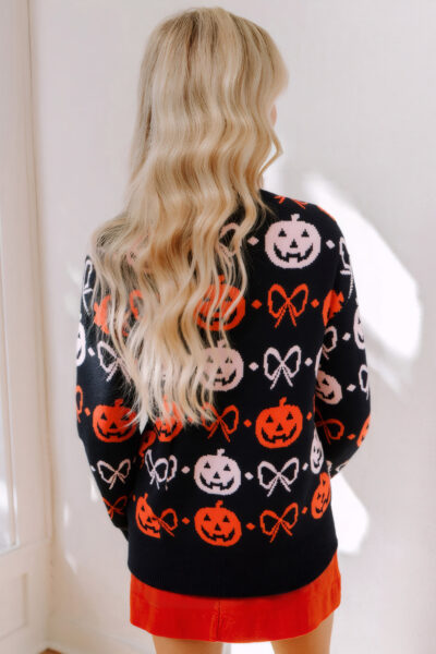 Black Halloween Pumpkin Bow Knit Button V Neck Sweater Cardigan