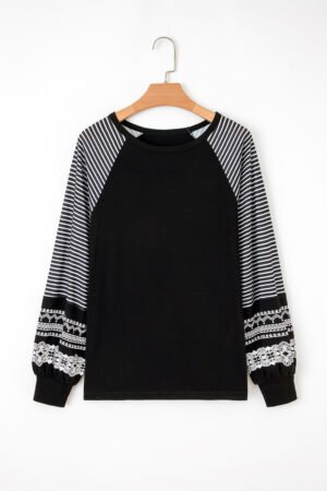 Black Contrast Print Striped Raglan Long Sleeve Loose Top - Image 2