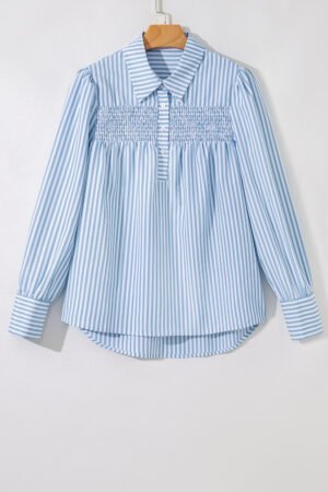 Sky Blue Stripe Shirred Detail Half Placket Collared Long Sleeve Fall Shirt - Image 5