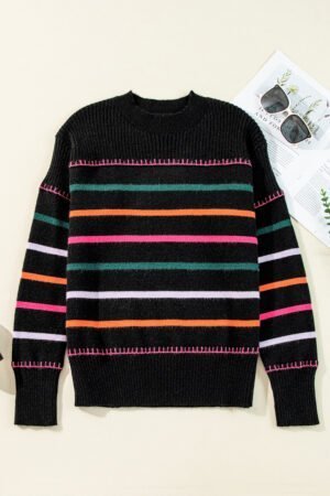 Black Colorful Striped Ribbed Trim Sweater - Image 4