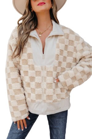 Khaki Checker Sherpa Corduroy Patchwork Zip up Collared Jacket - Image 23