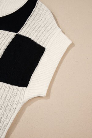 Black Checkered Color Block Crew Neck Short Sleeve Sweater - Image 8