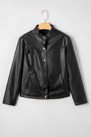 Black Faux Leather Buttoned Front Boxy Jacket - Image 5