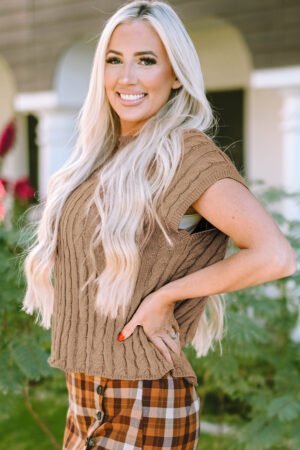 Light French Beige Crew Neck Cable Knit Short Sleeve Sweater - Image 3