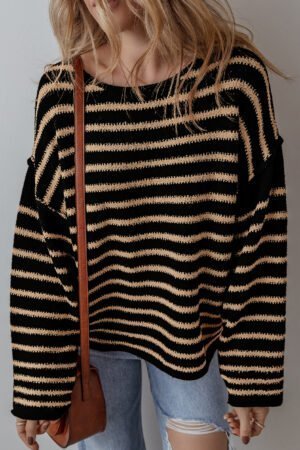 Black Stripe Drop Shoulder Round Neck Loose Sweater - Image 3