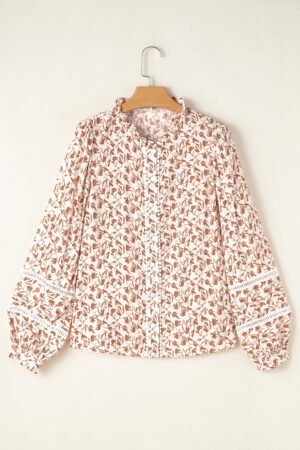 Yellow Printed Lace Detail Floral Puff Sleeve Fall Shirt - Image 3