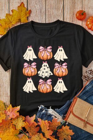 Black Bowknot Ghost Pumpkin Graphic Halloween T Shirt - Image 5