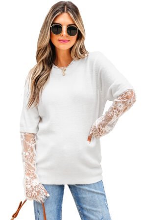 Beige Lace Sleeve Patchwork Faux Two-piece Fuzzy Sweater - Image 17