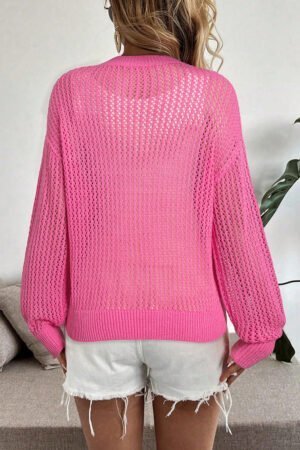 Alternative view of Sachet Pink Sweet Bow Decor Hollow Out Knitted Drop Shoulder Sweater
