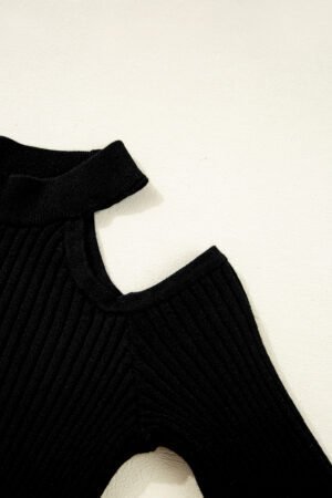 Black Ribbed Knit Cold Shoulder Choker Neck Sweater - Image 7