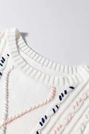 White Multicolor Stitch Detail Cable Knit Short Sleeve Sweater - Image 7