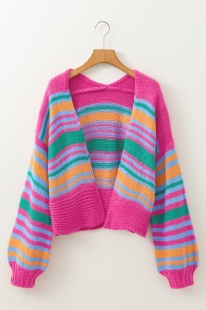 Rose Stripe Colorful Puff Sleeve Drop Shoulder Loose Cardigan - Image 5