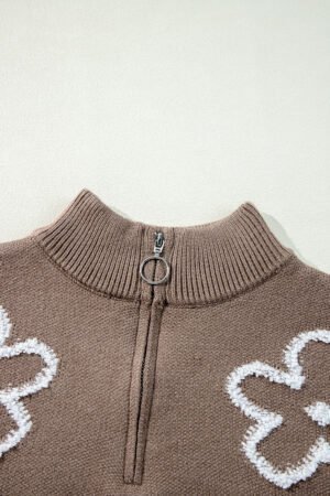 Parchment Contrast Flower Half Zipper Stand Neck Sweater - Image 6