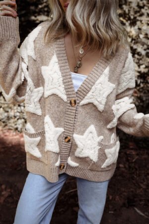 Khaki Sherpa Star Pattern Textured Sweater Cardigan with Pockets - Image 4