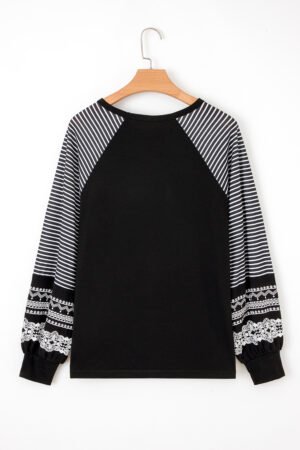 Black Contrast Print Striped Raglan Long Sleeve Loose Top - Image 3