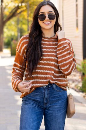 Brown Stripe Drop Shoulder Casual Sweater - Image 5