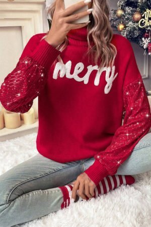 Racing Red Merry Graphic Sequin Sleeve Turtleneck Sweater - Image 3