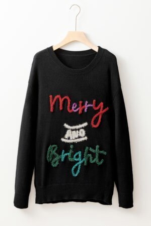 Black Tinsel Merry and Bright Graphic Christmas Sweater - Image 6