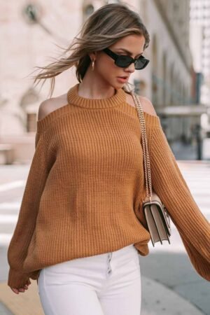 Brown Crew Neck Cold Shoulder Hollow-out Back Sweater - Image 2