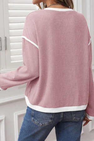 Alternative view of Light Pink Contrast Color Trim Knit Drop Shoulder Loose Top