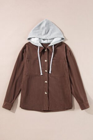 Coffee Hooded Drawstring Pockets Corduroy Shacket - Image 4