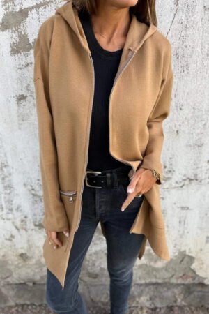 Light French Beige Solid Color Casual Zip up Hooded Coat - Image 2