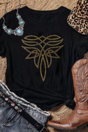 Black Rhinestone Western Pattern Cotton Blend Graphic T Shirt - Image 3