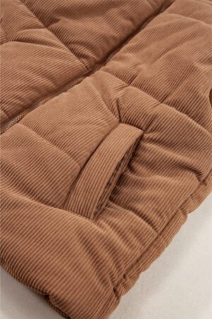 Coffee Corduroy Stand Neck Zipped Puffer Vest - Image 7
