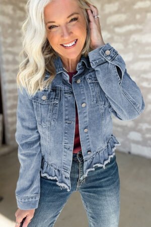 Beau Blue Ruffle Raw Hem Flap Pockets Denim Jacket - Image 4