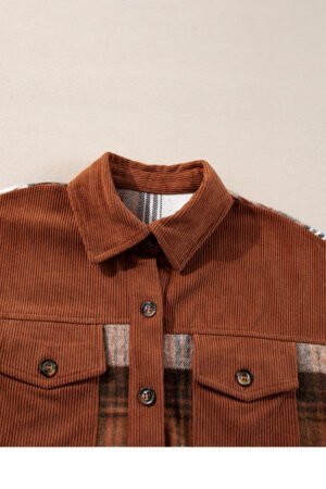 Cinnamon Plaid Corduroy Patchwork Chest Pocket Shacket - Image 7