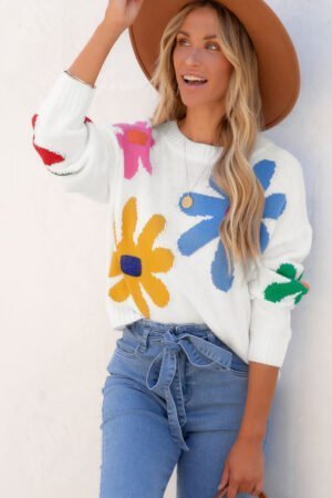 Alternative view of White Colorful Big Flower Pattern Crewneck Sweater