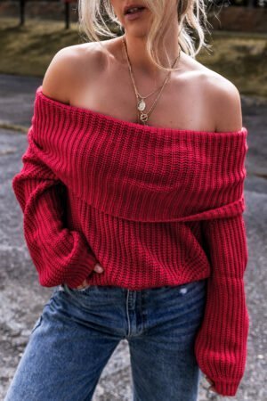 Racing Red Off-the-shoulder Knit Sweater - Image 5