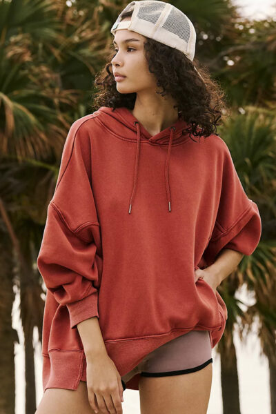 Red Clay Drop Shoulder Pocketed Baggy Drawstring Hoodie