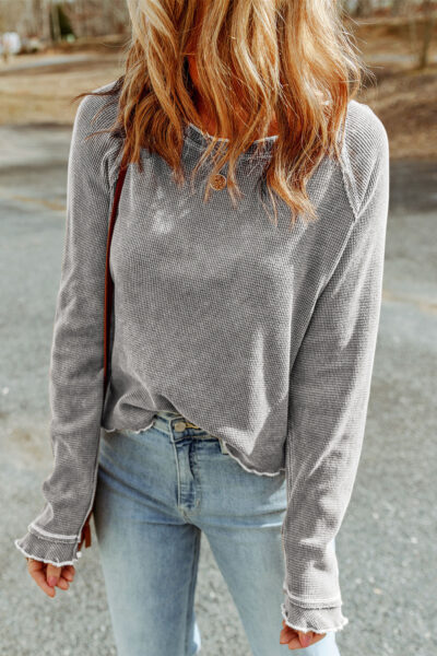 Gray Textured Round Neck Long Sleeve Top