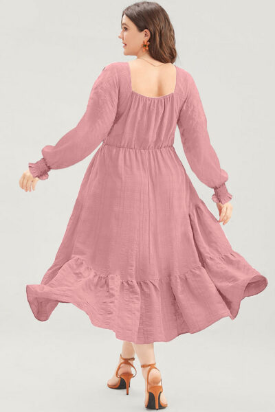 Pink Lace-up Ruched Front Long Sleeve Ruffle Hem Plus Size Midi Dress