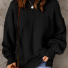 Black Solid Color Puffy Sleeve Pocketed Sweater