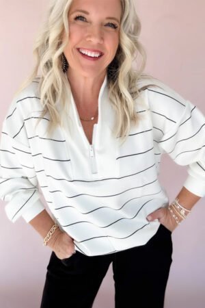 White Zip V Neck Casual Stripe Print Drop Shoulder Long Sleeve Top - Image 6