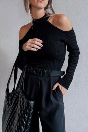 Black Ribbed Knit Cold Shoulder Choker Neck Sweater - Image 3