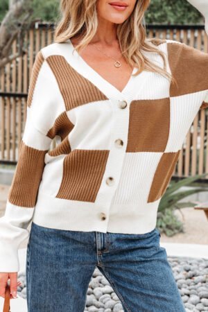 Khaki Checkered Pattern Ribbed Detail Button V Neck Sweater Cardigan - Image 14