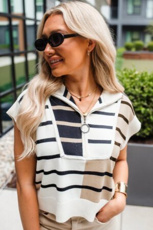 Black Stripe Colorblock Quarter Zip Collar Sweater Vest - Image 2