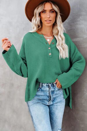 Green-2 Henley Pullover Drop Shoulder Sweater with Slits - Image 2