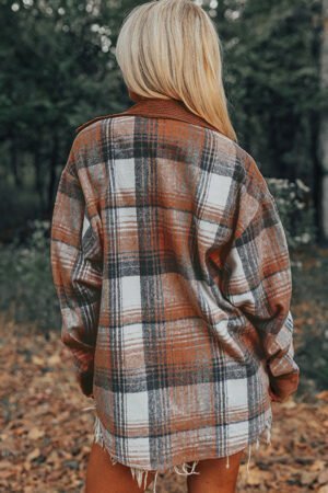 Cinnamon Plaid Corduroy Patchwork Chest Pocket Shacket - Image 3
