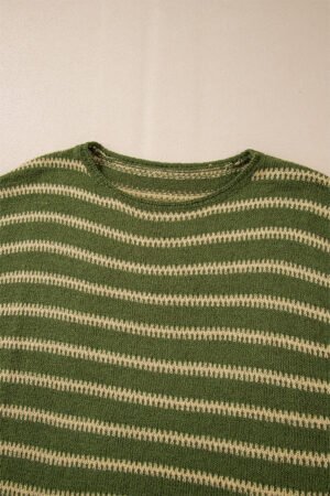 Green Stripe Drop Shoulder Casual Sweater - Image 7