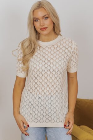 Beige Hollow Out Crochet O Neck Short Sleeve Sweater Tee - Image 3