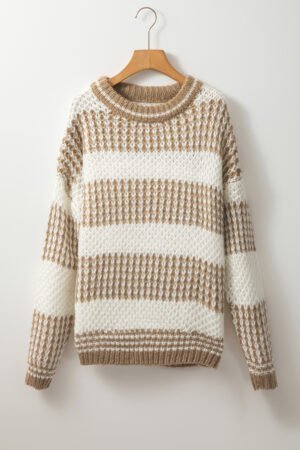 Brown Stripe Drop Shoulder Round Neck Loose Sweater - Image 5